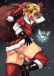 Rule 34 | 1boy, alternate costume, arm up, ass, bell, black footwear, black gloves, blonde hair, blue eyes, blush, boots, bow, breath, christmas, collar, drcockula, eyebrows, fairy, from behind, gloves, hand on ass, hat, highres, holding, holding sack, link, long sleeves, looking at viewer, looking back, male focus, mistletoe, navi, neck bell, nintendo, open mouth, parted bangs, penis, perineum, pointy ears, red legwear, sack, santa costume, santa hat, shiny skin, short hair, smile, snowing, teeth, testicles, the legend of zelda, the legend of zelda: ocarina of time, thick thighs, thighhighs, thighs, uncensored, upper teeth only