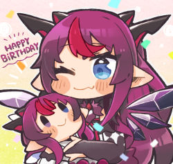 Rule 34 | 1girl, blue eyes, blush stickers, bridal gauntlets, character doll, chibi, commentary request, confetti, crystal wings, elbow gloves, english text, fang, fang out, gloves, happy birthday, highres, hololive, hololive english, horns, irys (hololive), long hair, multicolored hair, multiple horns, one eye closed, pointy ears, purple hair, red hair, same anko, skin fang, smile, solo, two-tone hair, virtual youtuber