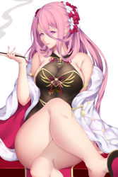 Rule 34 | 1girl, alternate costume, alternate hairstyle, armpit crease, azur lane, bare legs, bare shoulders, black dress, blush, breasts, china dress, chinese clothes, cleavage, coat, crossed legs, dress, feet, fingernails, flower, hair between eyes, hair flower, hair ornament, head tilt, highres, holding, holding smoking pipe, large breasts, lexington (azur lane), lexington (the beauty of spring) (azur lane), long fingernails, long hair, looking at viewer, multicolored eyes, nail polish, off shoulder, pink hair, pink nails, purple eyes, red flower, see-through, shiro usagi, shoe dangle, sidelocks, simple background, sitting, smile, smoke, smoking pipe, solo, tareme, taut clothes, taut dress, thighs, white background, white flower