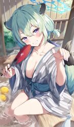 Rule 34 | 1girl, absurdres, animal ears, blue archive, breasts, cleavage, green hair, highres, igayan, japanese clothes, kimono, large breasts, looking at viewer, medium breasts, purple eyes, shigure (blue archive), smile, solo, wide sleeves
