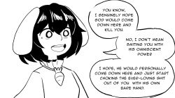 Rule 34 | 1girl, animal ears, carrot necklace, english text, highres, hikibee, inaba tewi, jewelry, monochrome, necklace, o o, open mouth, rabbit ears, short hair, solo, speech bubble, touhou