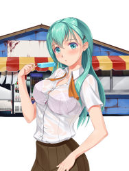 Rule 34 | 10s, 1girl, aqua eyes, aqua hair, arm at side, blouse, bra, breasts, brown skirt, food, from side, hair between eyes, hair ornament, hairclip, highres, hobenkei, kantai collection, large breasts, lips, long hair, looking at viewer, pleated skirt, popsicle, see-through, shirt, short sleeves, skirt, skirt set, solo, suzuya (kancolle), unbuttoned, underwear, untied, upper body, white bra, white shirt
