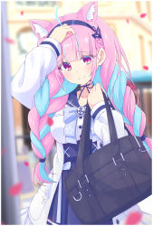 Rule 34 | 1girl, ahoge, arm up, bag, blue hair, blue hairband, blue sailor collar, blue skirt, blurry, blurry background, blush, braid, breasts, closed mouth, depth of field, frilled jacket, frilled sailor collar, frills, hairband, hand up, high-waist skirt, highres, holding, holding bag, hololive, jacket, long hair, long sleeves, looking at viewer, low twintails, medium breasts, minato aqua, minato aqua (sailor), multicolored hair, open clothes, open jacket, petals, pink hair, pleated skirt, puffy long sleeves, puffy sleeves, purple eyes, sailor collar, school bag, school uniform, serafuku, shirt, skirt, solo, twin braids, twintails, two-tone hair, very long hair, virtual youtuber, white jacket, white shirt, x-6