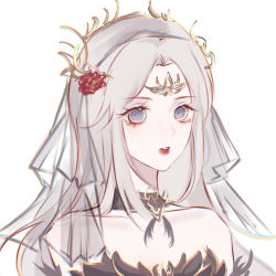 Rule 34 | 1girl, artist request, bare shoulders, black dress, blue eyes, dark persona, detached collar, douluo dalu, dress, flower, hair flower, hair ornament, highres, long hair, open mouth, qian renxue (douluo dalu), second-party source, solo, teeth, veil, white hair