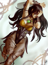 Rule 34 | 1girl, arms behind head, black hair, black tears, blindfold, breasts, clothing cutout, destiny (game), feet, hand on own face, highres, knee up, leggings, legs together, leotard, long hair, lying, personification, plant, solo, themaestronoob, thighs, thorn (destiny), thorns, vines