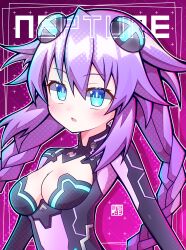 1girl :o absurdres aijiro83 black_bodysuit blue_eyes blush bodysuit braid breasts character_name choujigen_game_neptune commentary drop_shadow hair_ornament hairclip highres long_hair looking_at_viewer medium_breasts neptune_(neptunia) neptune_(series) power_symbol power_symbol-shaped_pupils purple_hair purple_heart_(neptunia) skin_tight solo symbol-shaped_pupils turtleneck turtleneck_bodysuit twin_braids