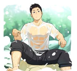 Rule 34 | 10s, 1boy, barefoot, black eyes, black hair, blurry, blush, closed mouth, depth of field, feet, haikyuu!!, hairy legs, itto (mentaiko), looking at viewer, male focus, muscular, navel, nipples, outdoors, pants, pants rolled up, rock, sawamura daichi, see-through, sitting, solo, spread legs, water, wet, wet clothes