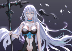 Rule 34 | 1girl, absurdres, alternate hairstyle, blue eyes, clothing cutout, fate/grand order, fate (series), highres, looking at viewer, morgan le fay (fate), simple background, smile, stomach cutout, torn clothes, user eavn3725, white hair