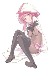 Rule 34 | 1girl, :o, belt, black gloves, black thighhighs, blade (galaxist), blunt bangs, blush, bodystocking, boots, capelet, crossed arms, full body, gloves, hood, hood up, hooded capelet, knees up, looking at viewer, magia record: mahou shoujo madoka magica gaiden, magical girl, mahou shoujo madoka magica, miniskirt, navel, open mouth, pink eyes, pink hair, pink skirt, self hug, short hair with long locks, sidelocks, simple background, sitting, skirt, solo, tamaki iroha, thigh boots, thighhighs, white background