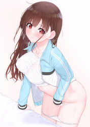 Rule 34 | 1girl, absurdres, arm support, blue jacket, blush, breasts, brown hair, closed mouth, collared jacket, commentary request, female masturbation, highres, idolmaster, idolmaster shiny colors, jacket, large breasts, leaning forward, legs together, long hair, long sleeves, looking at viewer, masturbation, multicolored clothes, multicolored jacket, no pants, open clothes, open jacket, panties, panty pull, red eyes, shirt, sleeve cuffs, solo, sonoda chiyoko, standing, sweat, thighs, tutinako, two-tone jacket, underwear, unzipped, white jacket, white panties, white shirt