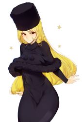 Rule 34 | 1girl, absurdres, black dress, black hat, blonde hair, coat, commentary, dress, ginga tetsudou 999, hat, highres, long hair, looking at viewer, maetel, red eyes, simple background, slugbox, smile, solo, star (symbol), white background