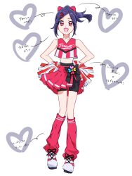 Rule 34 | 1girl, arms behind back, bare shoulders, bike shorts, bow, cheerleader, crop top, eyelashes, fpminnie1, fresh precure!, hair bow, hair ornament, hairclip, happy, heart, higashi setsuna, highres, holding, holding pom poms, kneehighs, looking at viewer, medium hair, midriff, open mouth, pink shirt, pink skirt, pink socks, pom pom (cheerleading), pom poms, ponytail, precure, purple hair, red eyes, shirt, shoes, skirt, smile, socks, solo, standing