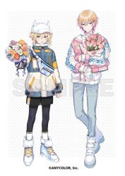 Rule 34 | 2boys, :o, ankle boots, baseball cap, belt collar, black leggings, black shorts, blonde hair, blue eyes, blue jacket, blue pants, boots, bouquet, clenched hand, closed mouth, collar, copyright notice, cropped jacket, cross-laced footwear, demon horns, fake horns, fanny pack, flower, flower request, full body, fur-trimmed boots, fur-trimmed jacket, fur trim, giving, green eyes, hair between eyes, hair flaps, hair ornament, hairclip, hat, holding, holding bouquet, holographic clothing, horned headwear, horns, jacket, kino (kino cono), lace-up boots, leggings, letterman jacket, light blush, long sleeves, looking at viewer, male focus, multicolored clothes, multicolored hair, multicolored jacket, multiple boys, naruse naru, nijisanji, official art, open clothes, open jacket, pants, pink flower, pink hair, pink jacket, platform footwear, polka dot, polka dot background, purple flower, red flower, sample watermark, shirt, short hair, shorts, sidelocks, sleeves past wrists, smile, socks, standing, streaked hair, tulip, two-tone jacket, uzuki kou, v-shaped eyebrows, virtual youtuber, watermark, white background, white collar, white flower, white footwear, white hat, white jacket, white shirt, white socks, yellow flower
