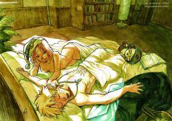 Rule 34 | 1boy, 1girl, afterglow, arm support, bed sheet, blonde hair, breasts, couple, facial mark, forehead mark, green eyes, hand on another&#039;s face, haruno sakura, hat, head rest, hetero, jewelry, looking at another, lying, marcel perez, naked sheet, naruto, naruto (series), necklace, nude, painting (medium), pakkun (naruto), pectorals, pink hair, seal (animal), short hair, sleeping, small breasts, smile, stomach tattoo, stuffed animal, stuffed toy, sunlight, tattoo, traditional media, uzumaki naruto, watercolor (medium), whisker markings, zuthell