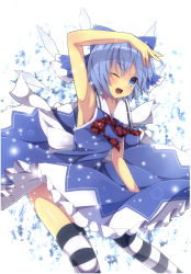 Rule 34 | 1girl, arm up, armpits, bare shoulders, blue eyes, blue hair, blush, bow, cirno, dress, hair bow, highres, ice, ice wings, looking at viewer, matching hair/eyes, one eye closed, open mouth, samegami, short hair, skirt, smile, solo, striped clothes, striped thighhighs, thighhighs, touhou, wings, wink