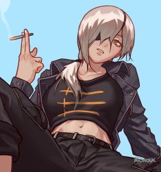 Rule 34 | absurdres, atoroux, belt, brown eyes, chainsaw man, cigarette, crop top, eyepatch, hair over one eye, hair over shoulder, highres, holding, holding cigarette, jacket, blue background, midriff, navel, ponytail, quanxi (chainsaw man), smoke, smoking, watermark, white hair