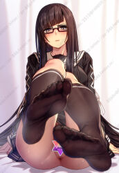 1girl 846-gou anus ass black_serafuku black_shirt black_skirt black_thighhighs censored closed_mouth commentary_request fate/grand_order fate_(series) feet foot_focus glasses grey_eyes highres kurohime_(fate) long_hair long_sleeves looking_at_viewer sailor_collar scar scar_across_eye school_uniform serafuku shirt skirt soles solo star_censor thighhighs thighs toes very_long_hair white_sailor_collar