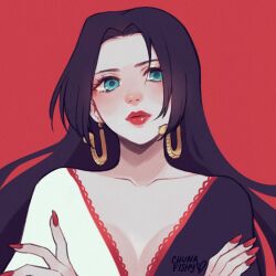 Rule 34 | 1girl, artist name, black hair, blue eyes, boa hancock, chunafishy, commentary, crossed arms, earrings, english commentary, hime cut, jewelry, long hair, looking to the side, one piece, red background, red lips, red nails, simple background, snake earrings, solo, upper body