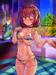 Rule 34 | 1girl, bad id, bad pixiv id, bed sheet, bikini, bikini bottom aside, bikini pull, blush, breasts, censored, closed mouth, clothes pull, clothing aside, commentary, dorothy haze, english commentary, fire, heart, heart-shaped pupils, highres, indoors, joints, looking at viewer, moai, mosaic censoring, navel, nipples, one eye closed, palm tree, pink eyes, red hair, robot joints, short hair, small breasts, smile, solo focus, swimsuit, symbol-shaped pupils, tree, va-11 hall-a, yahankkwo