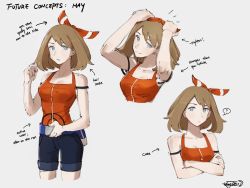 Rule 34 | 1girl, adjusting belt, aged up, armband, arms up, arrow (symbol), belt, black shorts, breasts, brown hair, character name, cleavage, closed mouth, collarbone, commentary, creatures (company), crossed arms, english text, eyelashes, game freak, grey eyes, hand up, hazel0217, highres, looking at viewer, may (pokemon), medium hair, multiple views, nintendo, orange shirt, parted lips, pokemon, pokemon oras, shirt, shorts, signature, sketch, sleeveless, smile