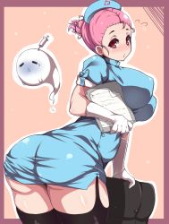 Rule 34 | 1girl, ass, bad id, bad pixiv id, breasts, chair, clipboard, garter belt, ghost, gloves, hat, large breasts, moisture (chichi), needle, nurse, nurse cap, pink eyes, pink hair, plump, saigyouji yuyuko, short hair, short ponytail, sick, solo, taut clothes, touhou