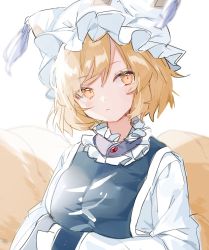 Rule 34 | 1girl, absurdres, animal hat, blonde hair, blurry, blush, commentary request, depth of field, hat, head tilt, highres, looking at viewer, medium hair, mob cap, mokyuko, multiple tails, mob cap, sketch, solo, tabard, tail, touhou, upper body, white background, yakumo ran, yellow eyes