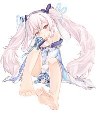 Rule 34 | 1girl, animal ears, azur lane, barefoot, blue hairband, blue ribbon, chaosexceed, crossed bangs, dress, fake animal ears, hair ornament, hair ribbon, hairband, highres, laffey (azur lane), laffey ii (azur lane), long hair, long sleeves, looking at viewer, parted lips, rabbit ears, rabbit hair ornament, red eyes, ribbon, simple background, sitting, sleeves past wrists, soles, solo, toes, very long hair, white background, white dress, white hair