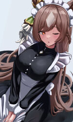 Rule 34 | 1girl, ;o, alternate costume, apron, black dress, braid, breasts, brown eyes, brown hair, commentary, dress, ear ornament, enmaided, french braid, frilled apron, frills, grey background, half updo, highres, horse girl, large breasts, long hair, looking at viewer, maid, maid apron, maid headdress, multicolored hair, naname (nanameee 04), one eye closed, satono diamond (umamusume), simple background, solo, streaked hair, umamusume, waist apron, white apron