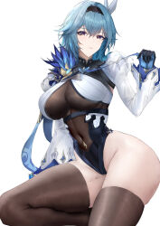 Rule 34 | 1girl, absurdres, black hairband, blue hair, blue necktie, breasts, closed mouth, covered navel, eula (genshin impact), genshin impact, gloves, groin, hairband, highres, holding necktie, large breasts, leotard, long sleeves, looking at viewer, medium hair, necktie, ritalem, simple background, solo, thighhighs, thighs, vision (genshin impact), white background, wide hips, yellow eyes