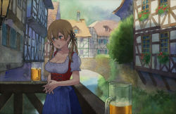 Rule 34 | 10s, 1girl, alcohol, alternate costume, anchor hair ornament, architecture, beer, beer mug, blonde hair, blouse, blue eyes, blue skirt, blush, bodice, breasts, bridge, building, bush, cleavage, collarbone, cup, dirndl, drinking glass, fingernails, german clothes, hair between eyes, hair ornament, house, interlocked fingers, kantai collection, long hair, looking away, mug, nervous, oktoberfest, outdoors, own hands clasped, own hands together, painting (medium), parted lips, plant, prinz eugen (kancolle), railing, river, shijukara (great tit), shirt, short sleeves, skirt, solo, town, traditional media, twintails, underbust, watercolor (medium), white shirt