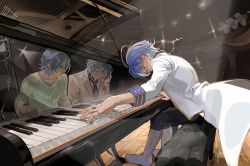 Rule 34 | 1boy, black pants, blue hair, blue necktie, boots, brothers, closed mouth, coat, coattails, cross, cross necklace, curtained hair, different reflection, doodoopi4, ensemble stars!, closed eyes, from side, full body, gold trim, grand piano, hair between eyes, highres, himeru (ensemble stars!), hospital gown, instrument, intravenous drip, iv stand, jewelry, light particles, light smile, looking at another, multiple rings, music, necklace, necktie, pants, piano, piano bench, pinky ring, playing instrument, playing piano, profile, reflection, ring, shirt, short hair, siblings, sitting, sleeve cuffs, solo, spotlight, stage, white coat, white footwear, white shirt, wooden floor, yellow eyes