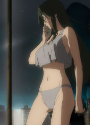Rule 34 | 1girl, against glass, anime screenshot, asougi rin, breasts, cellphone, glasses, green eyes, green hair, grey panties, highres, large breasts, long hair, mature female, midriff, mnemosyne, navel, no bra, panties, phone, reflection, screencap, smile, stitched, tank top, thighs, third-party edit, underwear