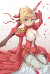 Rule 34 | 10s, 1girl, aestus estus, ahoge, arm up, blonde hair, braid, breasts, cleavage, closed mouth, commentary request, dress, epaulettes, eyebrows, fate/extra, fate (series), green eyes, hair intakes, highres, holding, holding sword, holding weapon, long sleeves, looking at viewer, medium breasts, nero claudius (fate), nero claudius (fate) (all), nero claudius (fate/extra), pdxen, red dress, seiza, sitting, smile, solo, sword, weapon