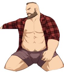 Rule 34 | 1boy, abs, alternate costume, bara, bare pectorals, beard, brown shorts, bulge, casual, cropped legs, facial hair, highres, large pectorals, looking to the side, male focus, mature male, mohawk, muscular, muscular male, mustache, navel, navel hair, nipples, open clothes, open shirt, pectorals, red shirt, ryker, shirt, short hair, short shorts, shorts, smile, solo, stomach, street fighter, street fighter zero (series), thick thighs, thighs, zangief