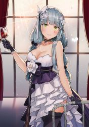 Rule 34 | 1girl, aliceblue, alternate hairstyle, bare arms, bare shoulders, black bow, black choker, black gloves, black thighhighs, blue gemstone, blunt bangs, blush, bow, breasts, chair, choker, cleavage, collarbone, cup, curtains, dress, drinking glass, facial mark, floating hair, flower, gem, girls&#039; frontline, gloves, green eyes, hair flower, hair ornament, hair ribbon, hairband, highres, hk416 (girls&#039; frontline), hk416 (starry cocoon) (girls&#039; frontline), holding, holding cup, large breasts, layered dress, light particles, long hair, multi-tied hair, official alternate costume, ribbon, silver hair, solo, sparkle, standing, strapless, strapless dress, teardrop, thighhighs, very long hair, white flower, white hairband, white ribbon, window, wine glass