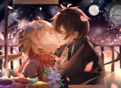 Rule 34 | 1boy, 1girl, black hair, blonde hair, bouquet, bug, couple, earrings, firefly, fireworks, flower, genshin impact, gradient hair, guzangnanfeng, hair flower, hair ornament, highres, insect, jacket, jewelry, kiss, long hair, lumine (genshin impact), moon, multicolored hair, open mouth, petals, ponytail, scarf, single earring, tassel, tassel earrings, zhongli (genshin impact)