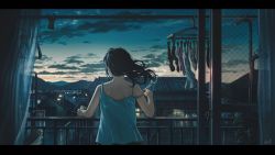Rule 34 | 1girl, alcohol, balcony, beer, beer can, bird, black hair, can, cigarette, cloud, curtains, dark, drink can, dusk, from behind, highres, hill, house, lamppost, laundry, laundry pole, letterboxed, long hair, looking afar, original, plant, power lines, railing, scenery, shoulder blades, sign, signature, sky, sliding doors, smoke, solo, star (sky), sugi87, tank top, utility pole, wind, window