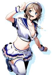 Rule 34 | 1girl, :d, blue eyes, blue sailor collar, breasts, brown hair, cleavage, collarbone, crop top, frilled sailor collar, frills, groin, hair between eyes, hat, highres, layered skirt, love live!, love live! sunshine!!, medium breasts, midriff, miniskirt, nakano maru, navel, open mouth, pleated skirt, sailor collar, salute, short hair, skirt, smile, solo, standing, standing on one leg, stomach, swept bangs, thighhighs, watanabe you, white background, white hat, white skirt, white thighhighs, wrist cuffs
