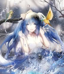 Rule 34 | 1girl, bird, bird on hand, blue eyes, blue hair, breasts, cleavage, collar, dress, hair ribbon, hatsune miku, highres, long hair, matching hair/eyes, outdoors, partially submerged, ribbon, sa&#039;yuki, solo, strapless, strapless dress, twintails, vocaloid, water, white dress, white ribbon