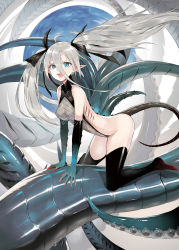 Rule 34 | 1girl, bare shoulders, blue eyes, elbow gloves, gills, gloves, highres, leotard, long hair, looking at viewer, original, pointy ears, silver hair, solo, tail, thighhighs, tokiti, webbed hands