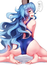 Rule 34 | 1girl, alternate costume, ass, bare legs, bare shoulders, barefoot, blue one-piece swimsuit, blush, cameltoe, competition swimsuit, dripping, embarrassed, erune, feet, ferry (granblue fantasy), granblue fantasy, kneeling, leaning forward, long hair, looking at viewer, looking back, nose blush, one-piece swimsuit, open mouth, profile, pussy juice, simple background, soles, solo, spread legs, stain, swimsuit, tenken (gotannda), thought bubble, toes, translated, trefoil, very long hair, wavy hair, wavy mouth, white background