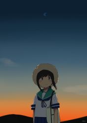 Rule 34 | 1girl, bag, black eyes, black hair, black sky, blue sailor collar, blue skirt, commentary request, crescent moon, dawn, fubuki (kancolle), gradient sky, hat, highres, kantai collection, long hair, looking at viewer, low ponytail, ma rukan, moon, mountain, pleated skirt, ponytail, sailor collar, school uniform, serafuku, short ponytail, sidelocks, skirt, sky, solo, straw hat, sun hat