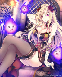 Rule 34 | 1girl, arm behind head, blonde hair, breasts, cleavage, copyright name, demon girl, fire, flower, hair flower, hair ornament, huge breasts, jewelry, jonejung, lace, lace-trimmed legwear, lace trim, crossed legs, long hair, lots of jewelry, original, pointy ears, purple eyes, sitting, solo, tenkuu no crystalia, thighhighs