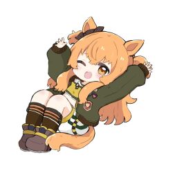 Rule 34 | 1girl, ;o, animal ears, arms up, black ribbon, blush, bow, brown footwear, brown socks, chibi, commentary, crop top, ear ribbon, full body, green jacket, highres, horse ears, horse girl, horse tail, jacket, kneehighs, long hair, long sleeves, looking at viewer, mayano top gun (umamusume), nozo (hitomiz), one eye closed, open clothes, open jacket, open mouth, orange eyes, orange hair, puffy long sleeves, puffy sleeves, ribbon, shirt, shoes, short shorts, shorts, sleeves past wrists, socks, solo, symbol-only commentary, tail, tears, teeth, two side up, umamusume, upper teeth only, very long hair, white shorts, yellow shirt