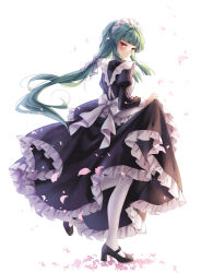 Rule 34 | 1girl, akinomiya asuka, alternate costume, apron, black dress, black footwear, blush, closed mouth, commentary request, dress, enmaided, falling petals, frilled apron, frilled dress, frills, green hair, hair ribbon, high heels, juliet sleeves, long hair, long sleeves, looking back, maid, maid apron, maid headdress, mary janes, mystical power plant, original, pantyhose, petals, ponytail, puffy sleeves, red eyes, ribbon, rose petals, shoes, simple background, solo, suitokuin tenmu, touhou, white apron, white background, white pantyhose, white ribbon