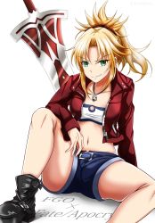 Rule 34 | 1girl, ankle boots, arm on knee, bandeau, bare legs, belt, black footwear, blonde hair, blue belt, boots, braid, breasts, clarent (fate), collarbone, commentary request, copyright name, cropped jacket, denim, denim shorts, fate/apocrypha, fate/grand order, fate (series), french braid, green eyes, groin, hair between eyes, hair ornament, hair scrunchie, highres, jacket, jewelry, kitsune (foxsiona), knee up, long sleeves, looking at viewer, midriff, mordred (fate), mordred (fate/apocrypha), mordred (memories at trifas) (fate), navel, necklace, open clothes, open jacket, parted bangs, planted, planted sword, planted weapon, ponytail, red jacket, red scrunchie, scrunchie, shadow, short shorts, shorts, sidelocks, simple background, sitting, small breasts, smile, smirk, solo, sword, twitter username, weapon, white background