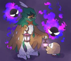 Rule 34 | closed mouth, commentary, creatures (company), decidueye, fangs, fangs out, frown, game freak, gastly, gen 1 pokemon, gen 7 pokemon, highres, holding, holding lantern, lantern, looking down, nintendo, pkpokopoko3, pokemon, pokemon (creature), purple background, red pupils, rowlet, standing, yellow eyes