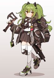 Rule 34 | 1girl, amonitto, axe, backpack, bag, black coat, black gloves, black necktie, black skirt, blush, breasts, calico m950, chest harness, closed mouth, coat, earpiece, fingerless gloves, full body, girls&#039; frontline, gloves, green hair, gun, harness, holding, holding axe, holding gun, holding weapon, id card, knee pads, long hair, looking at viewer, m950a (girls&#039; frontline), necktie, open clothes, open coat, orange eyes, pouch, sailor collar, school bag, shirt, shoes, single knee pad, skirt, small breasts, sneakers, solo, thighhighs, torn clothes, torn thighhighs, trigger discipline, walking, weapon, white shirt, white thighhighs