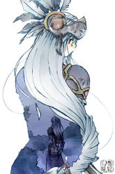 Rule 34 | 1girl, armor, back, feathers, lenneth valkyrie, long hair, low-tied long hair, platina (valkyrie profile), signature, silver hair, simple background, solo focus, tenshou ryuu (gensou ryuukan), valkyrie profile (series)
