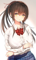 Rule 34 | 1girl, arms under breasts, black hair, blue skirt, bow, bowtie, collared shirt, commentary request, hair ribbon, highres, holding, holding pencil, long hair, looking at viewer, original, parted lips, pencil, plaid, plaid skirt, ponytail, red bow, red bowtie, red ribbon, ribbon, school uniform, shirt, skirt, solo, standing, sune (mugendai), white shirt, yellow eyes